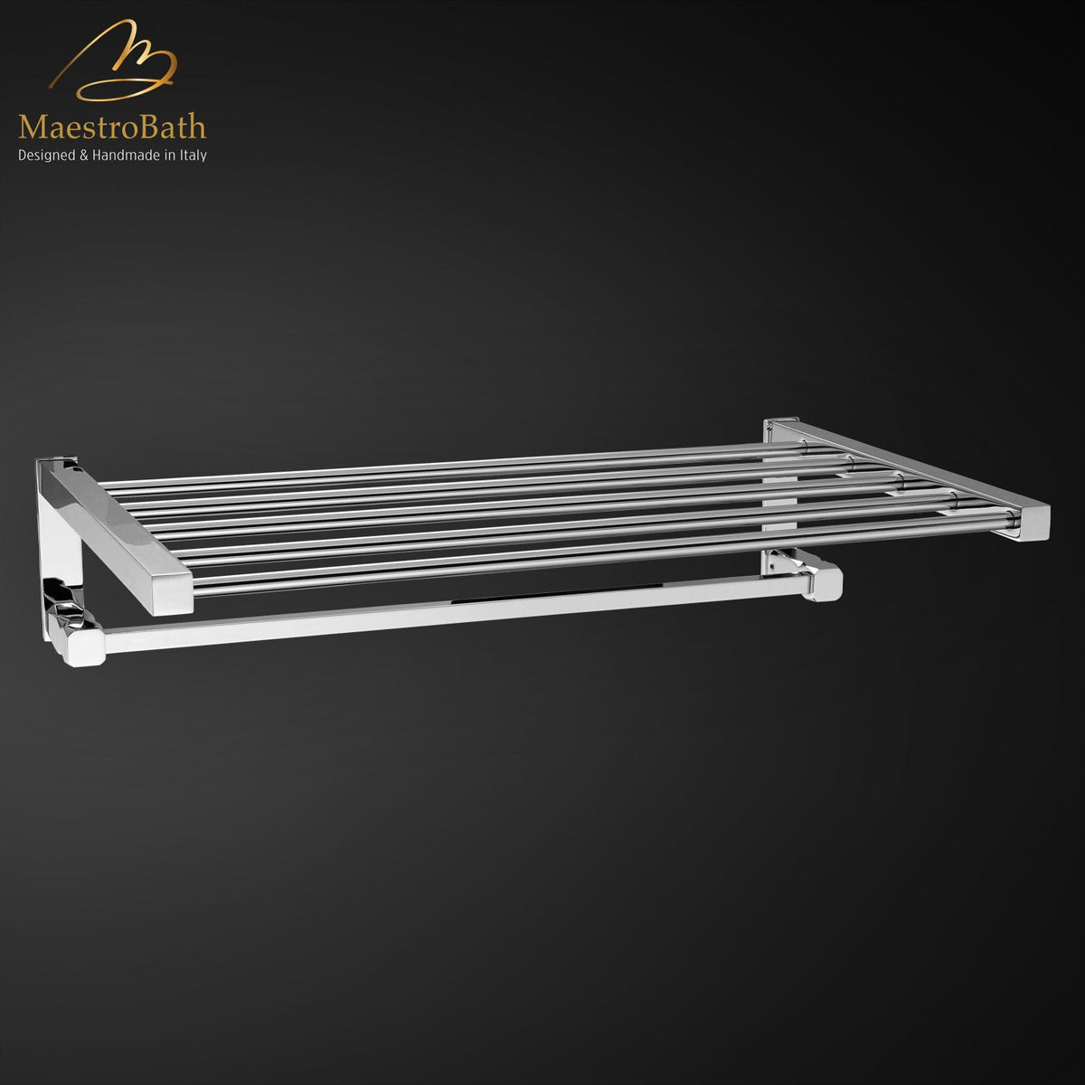 Brass freestanding towel stand, shown in polished chrome, 18.7 inch by 7.3 inch by 11.8 inch, made of solid brass