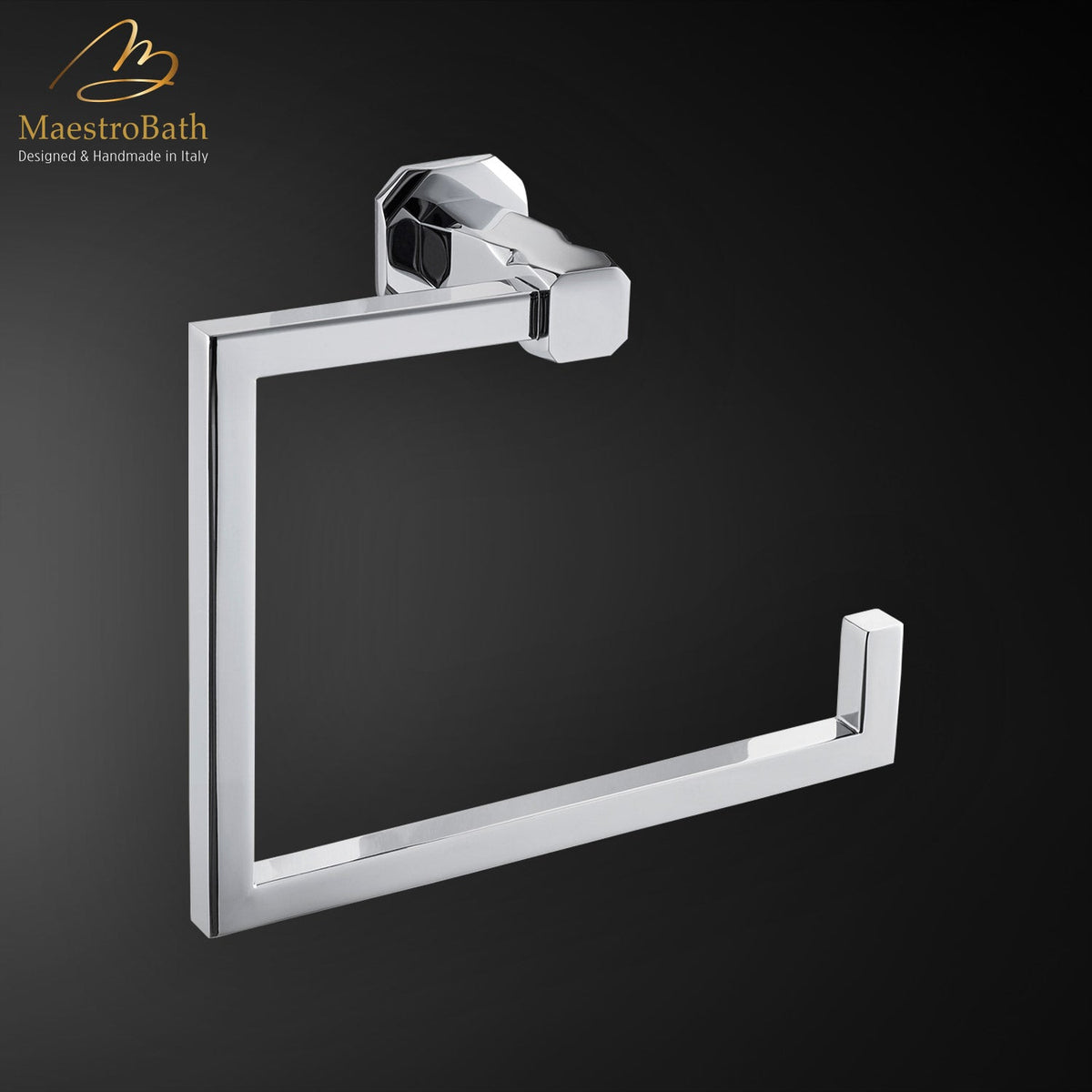 Wall mounted brass towel ring, shown in polished chrome, 7.8 inch by 2.8 inch by 5.9 inch, made of solid brass