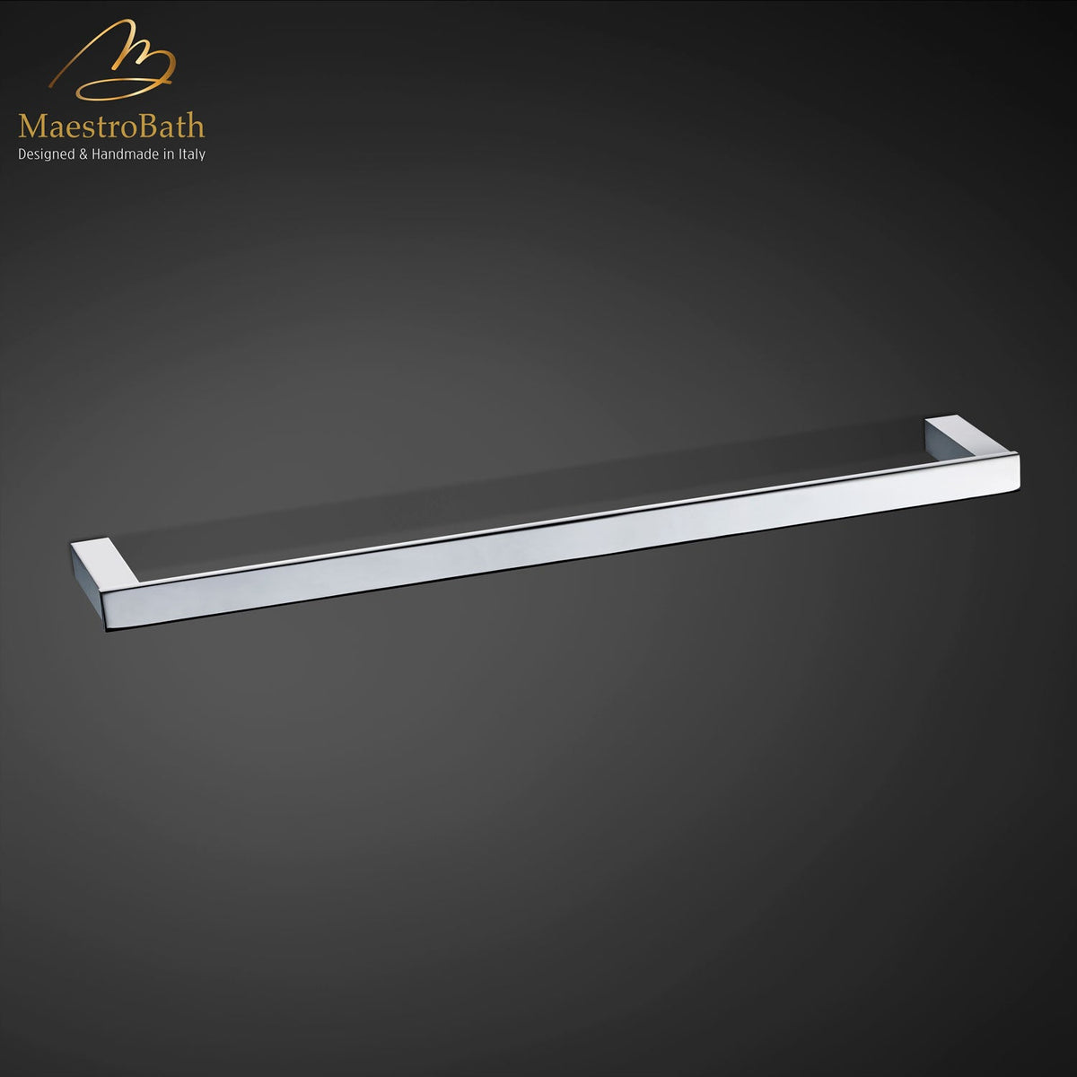 Wall mounted brass towel bar, shown in polished chrome, 15.7 inch long and 2.3 inch deep, made of solid brass