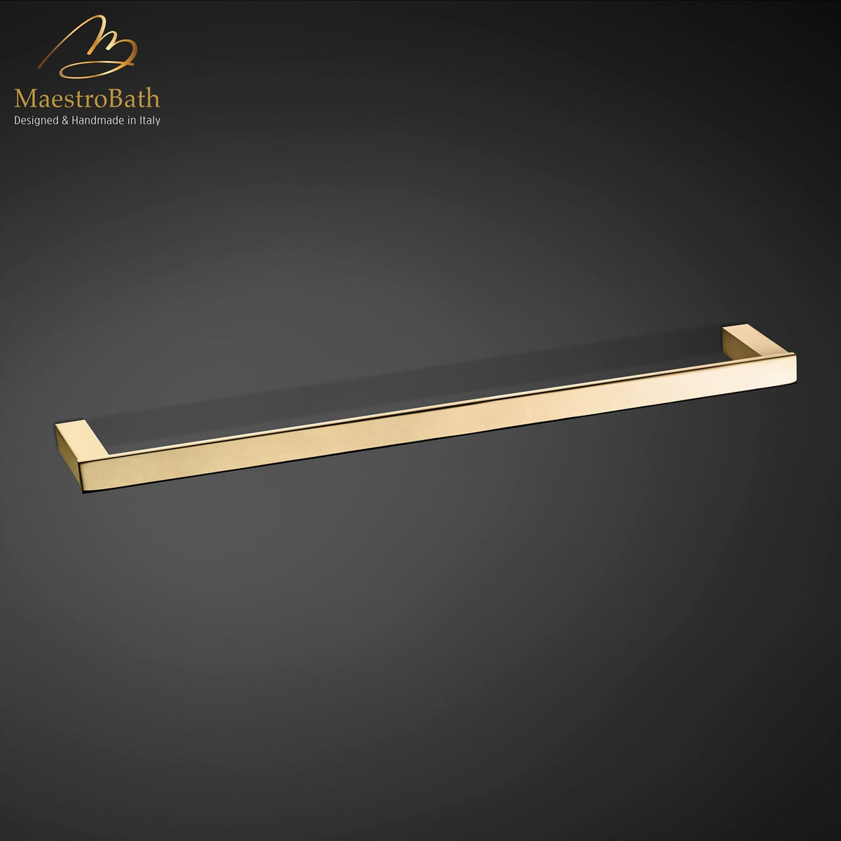 Wall mounted brass towel bar, shown in polished gold, 15.7 inch long and 2.3 inch deep, made of solid brass