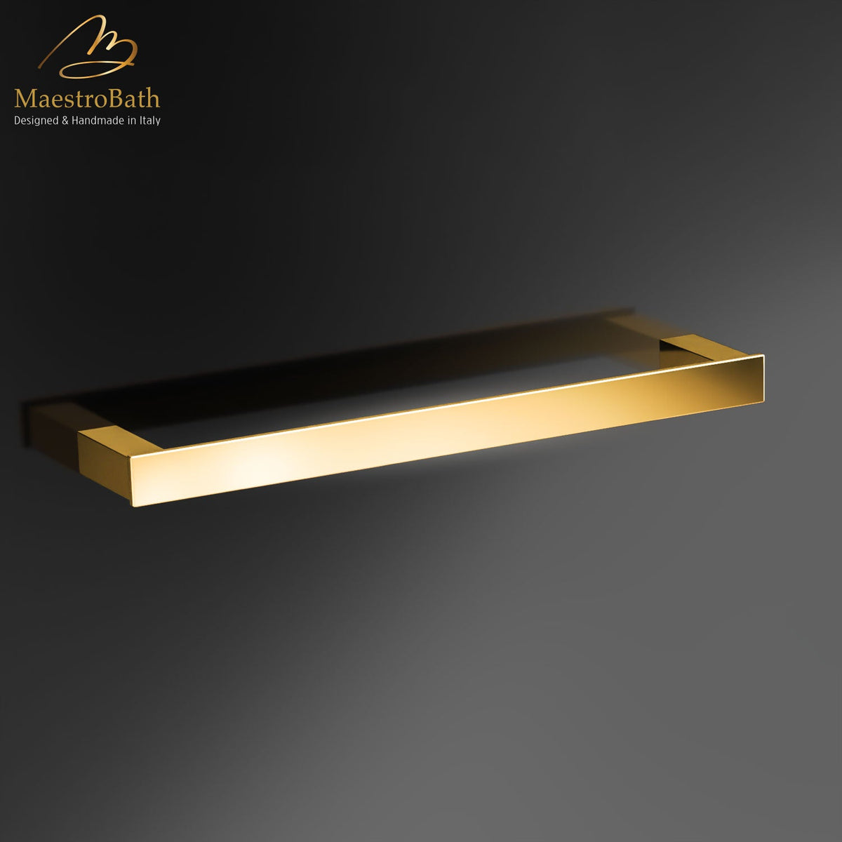 Wall mounted brass towel bar, shown in polished gold, 11.8 inch long and 2.3 inch deep, made of solid brass