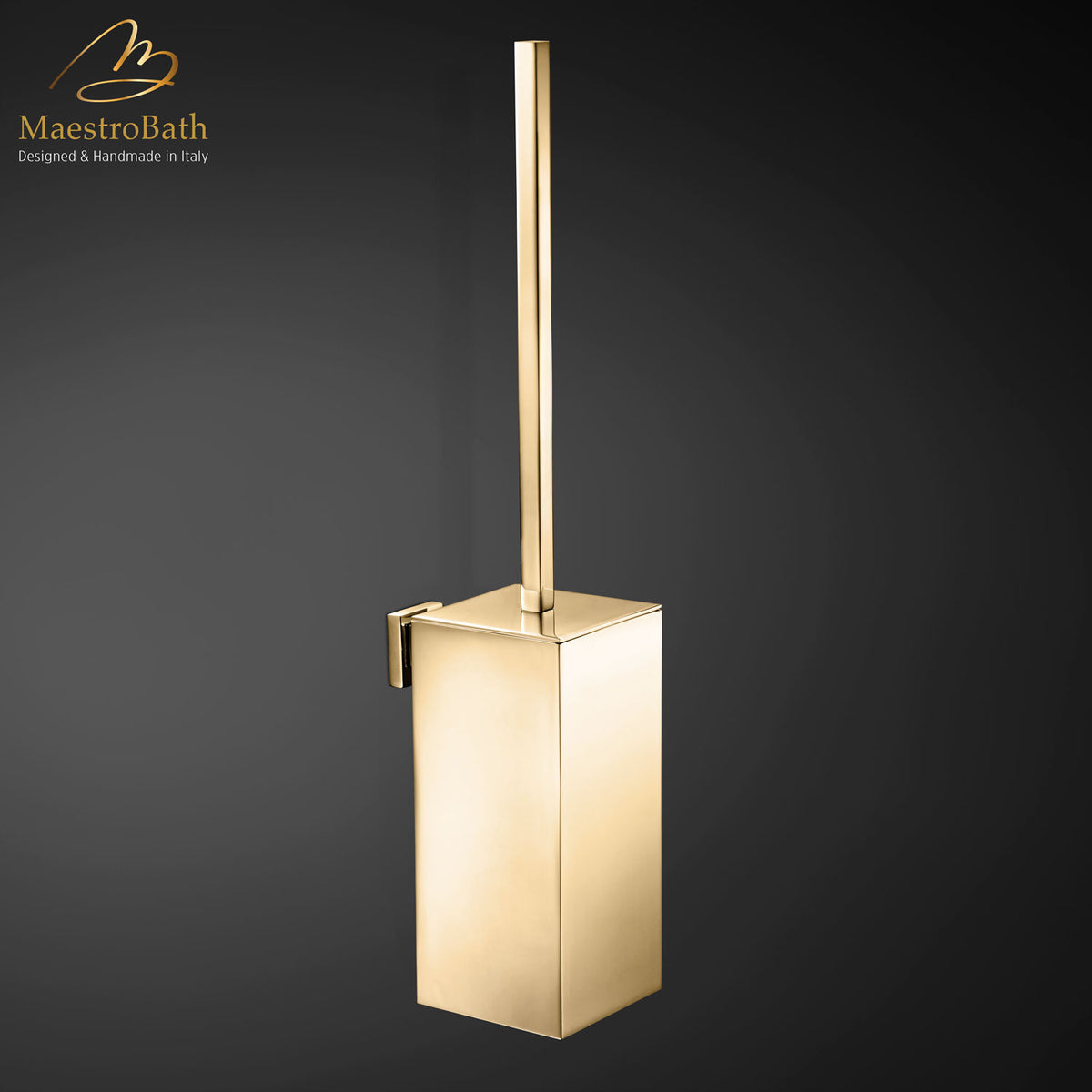 Wall mounted brass toilet brush holder, shown in polished gold, 14.6 inch high