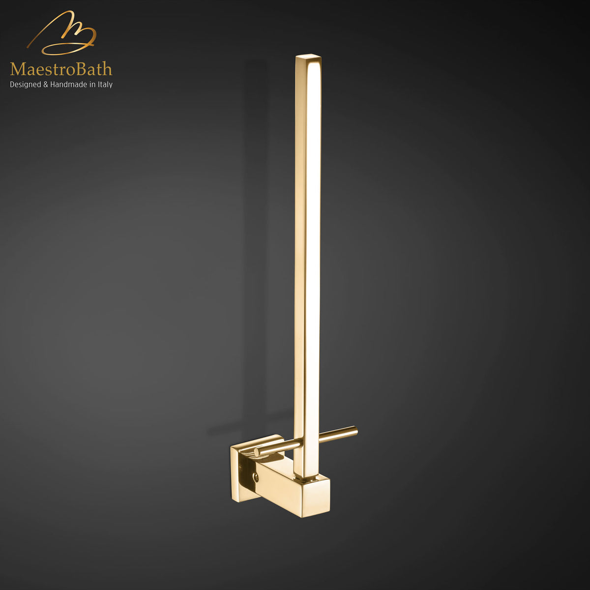 Wall mounted brass toilet paper holder, shown in polished gold, 9.4 inch by 2.3 inch by 2.6 inch, made of solid brass