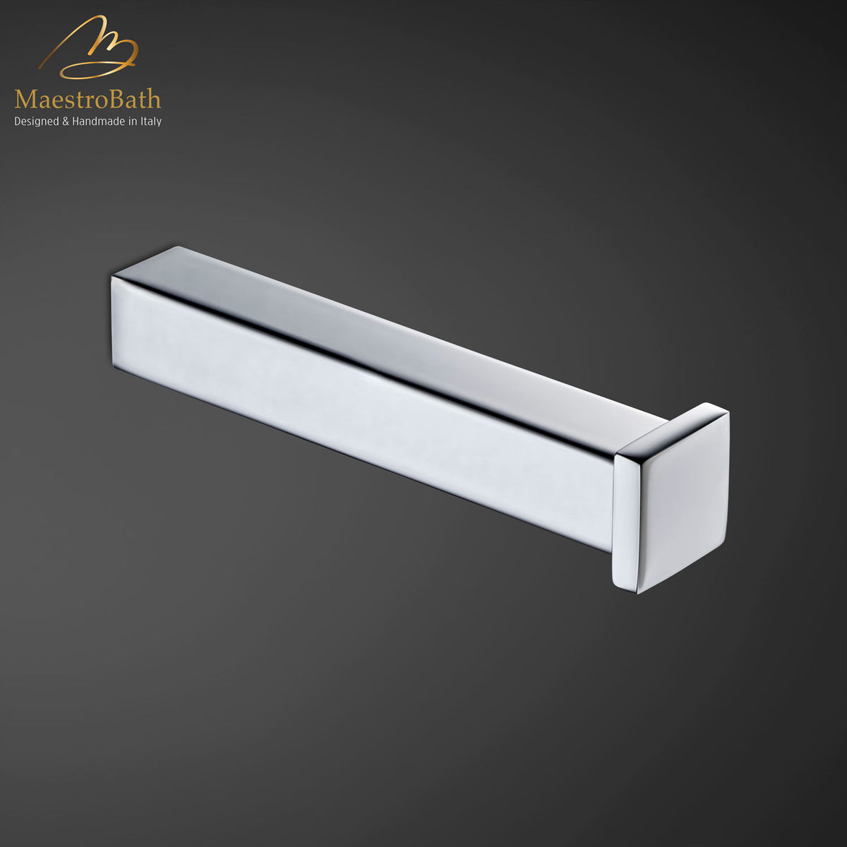 Wall mounted brass toilet paper holder, shown in polished chrome, 1 inch by 1 inch by 4.5 inch, made of solid brass