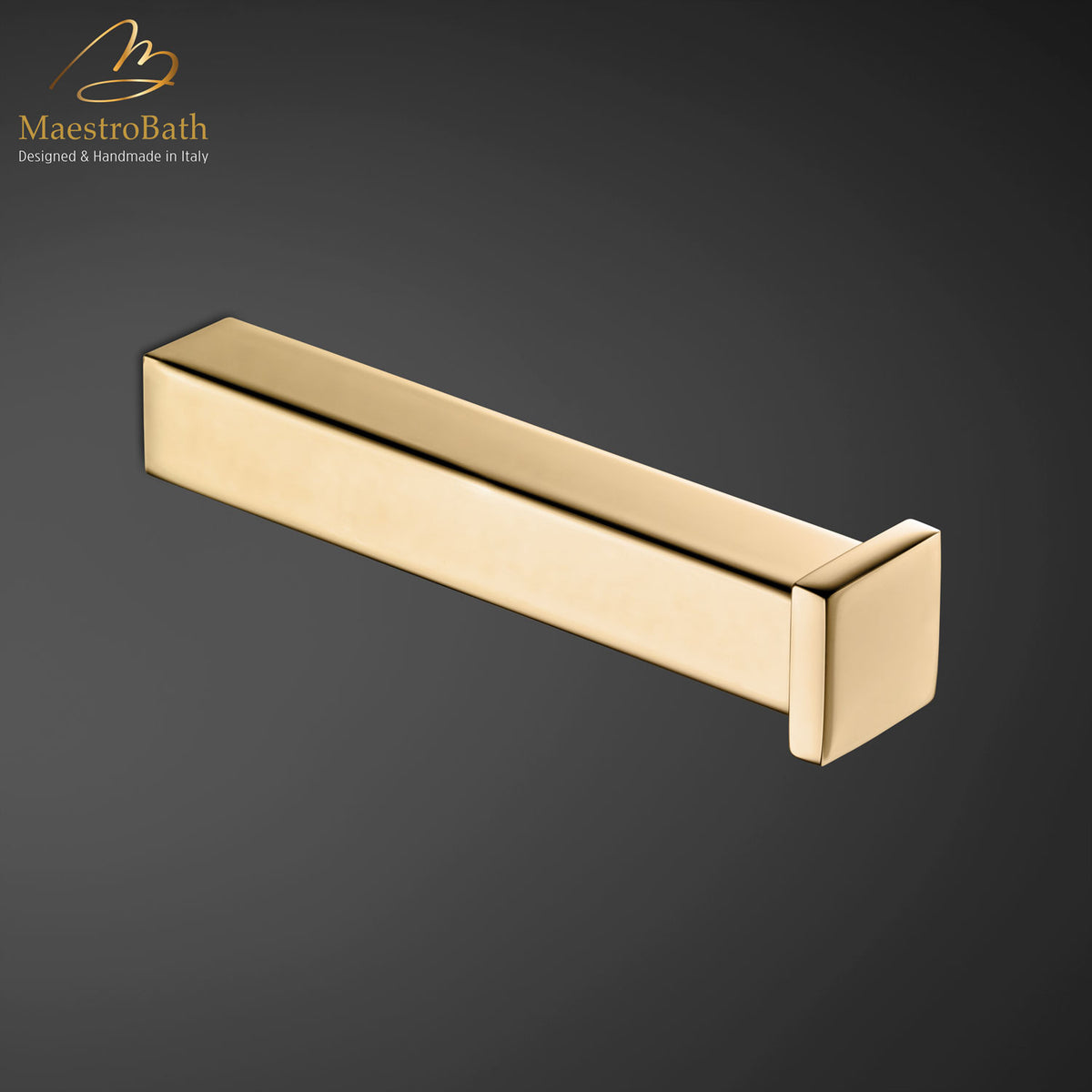 Wall mounted brass toilet paper holder, shown in polished gold
