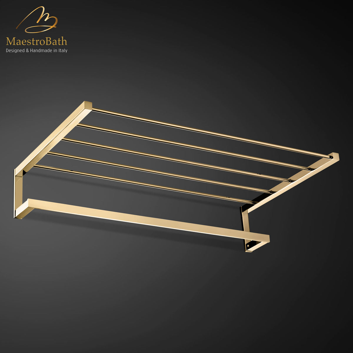 Wall mounted brass towel bar, shown in polished gold, 19.6 inch long and 3.7 inch deep, made of solid brass