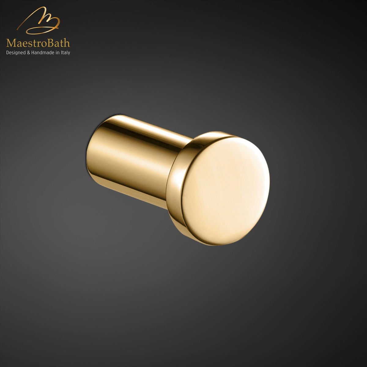 Wall mounted brass robe hook, shown in polished gold, 1 inch by 1 inch