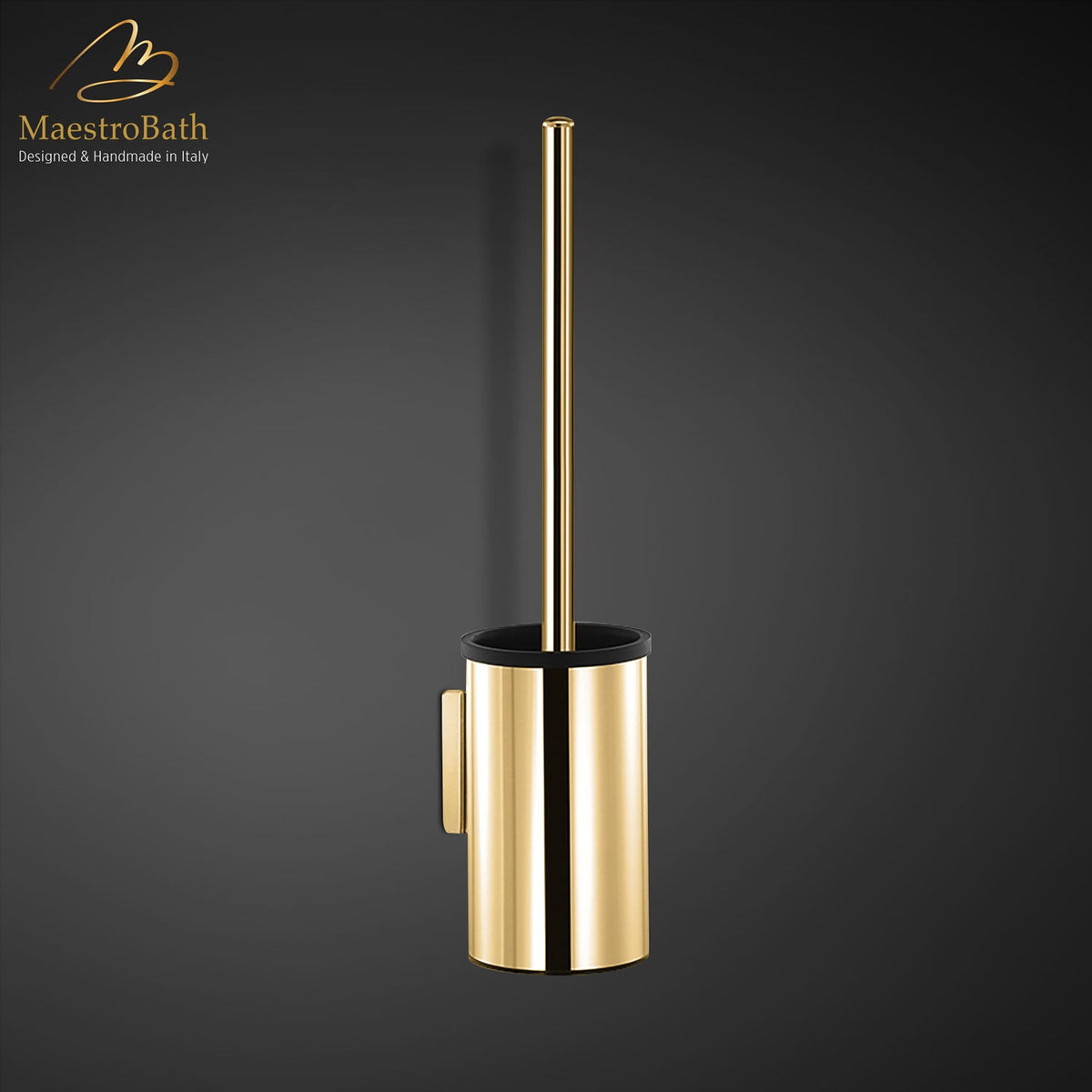 Wall mounted brass toilet brush holder, shown in polished gold, 12.6 inch high