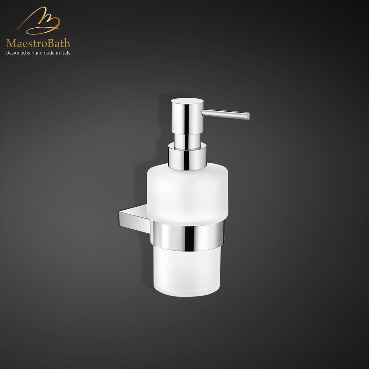 Brass soap dispenser, shown in polished chrome, 6.1 inch by 2.7 inch by 4.1 inch, made of solid brass