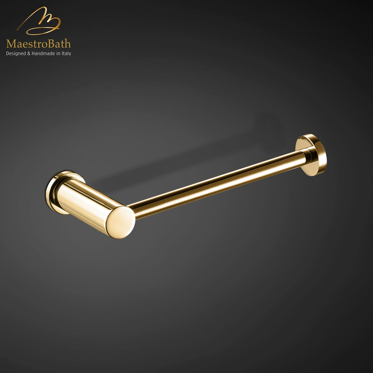 Wall mounted brass toilet paper holder, shown in polished gold, 6 inch by 1 inch by 2.5 inch, made of solid brass