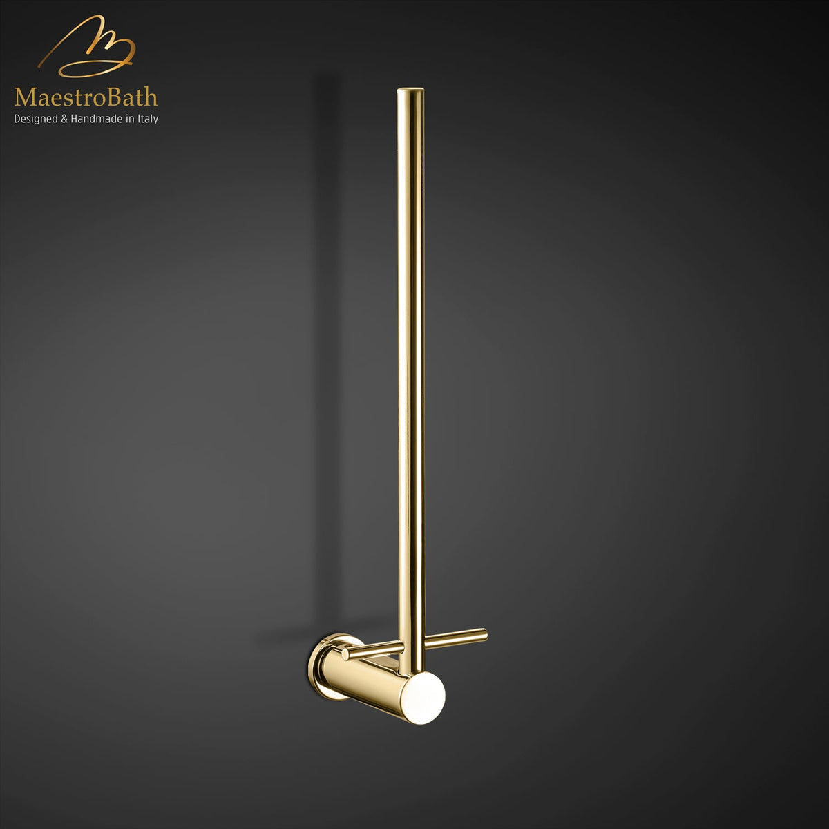 Wall mounted brass toilet paper holder, shown in polished gold, 9.3 inch by 2.3 inch by 2.5 inch, made of solid brass