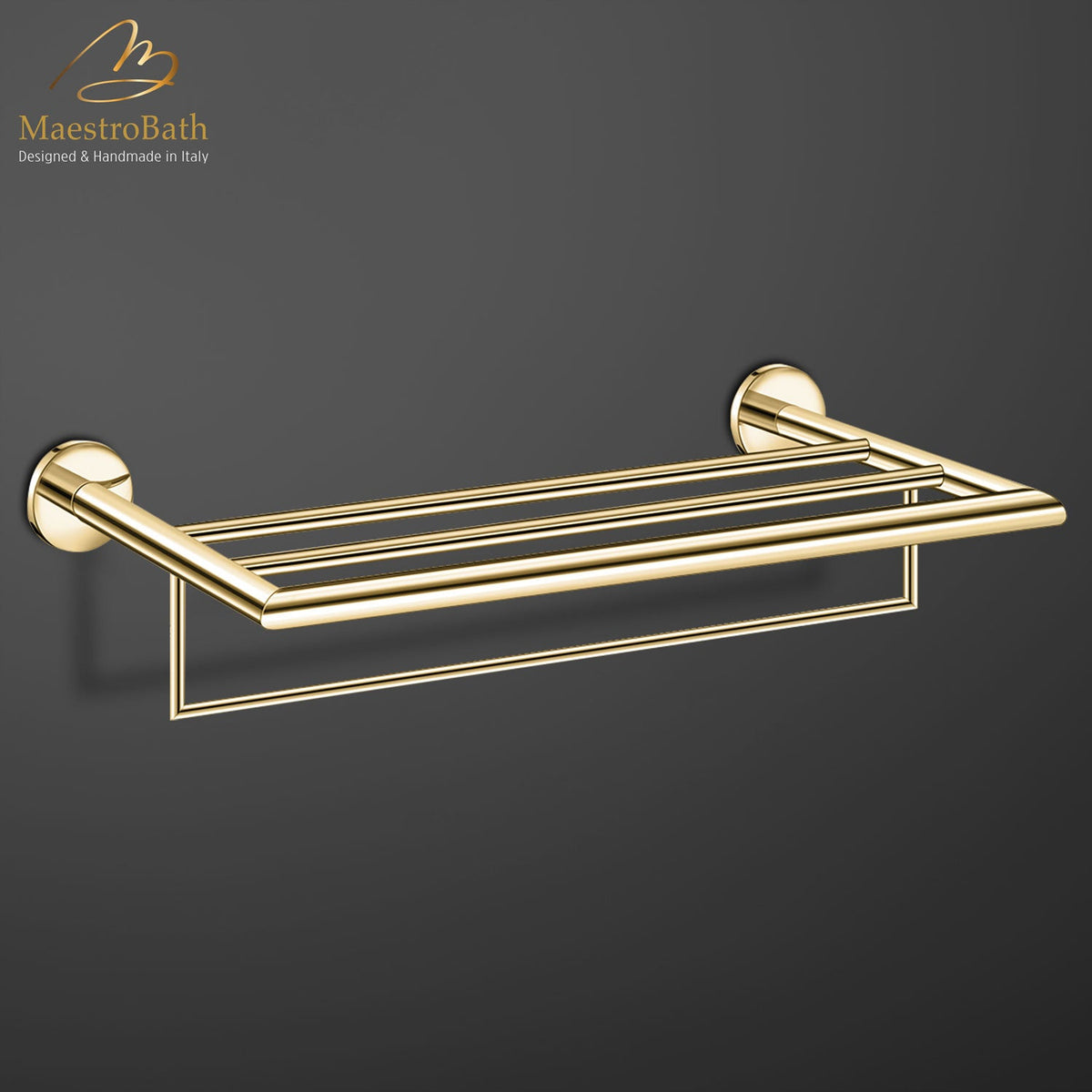 Wall mounted brass towel bar, shown in polished gold, 19.6 inch long and 3.5 inch deep, made of solid brass