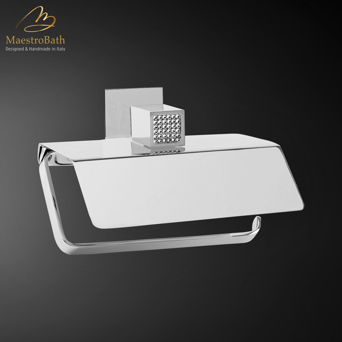 Wall mounted brass toilet paper holder, shown in polished chrome, 5.1 inch by 3.7 inch by 4.7 inch