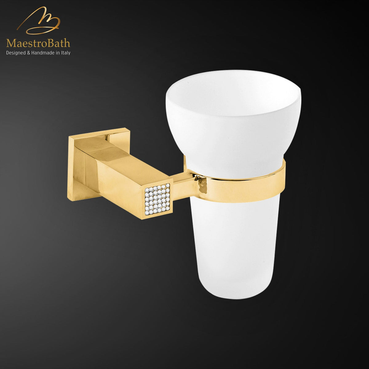 Wall mounted brass tumbler holder, shown in polished gold, 3.5 inch by 2.8 inch by 4.7 inch