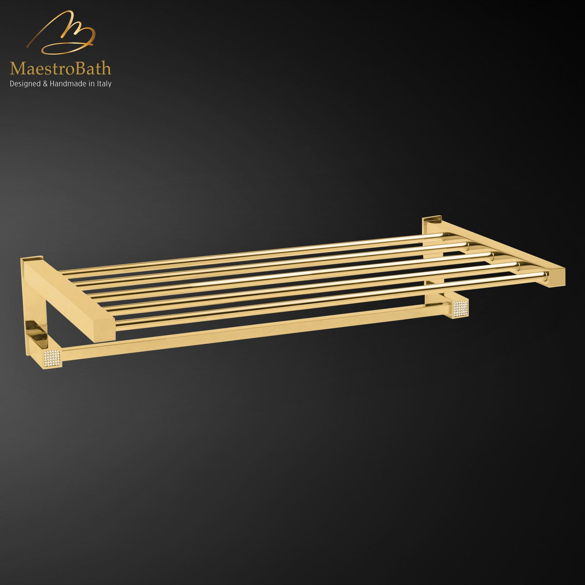 Skip Diamond Towel Holder Stand, shown in polished gold, 18.7 inch by 7.3 inch by 11.8 inch
