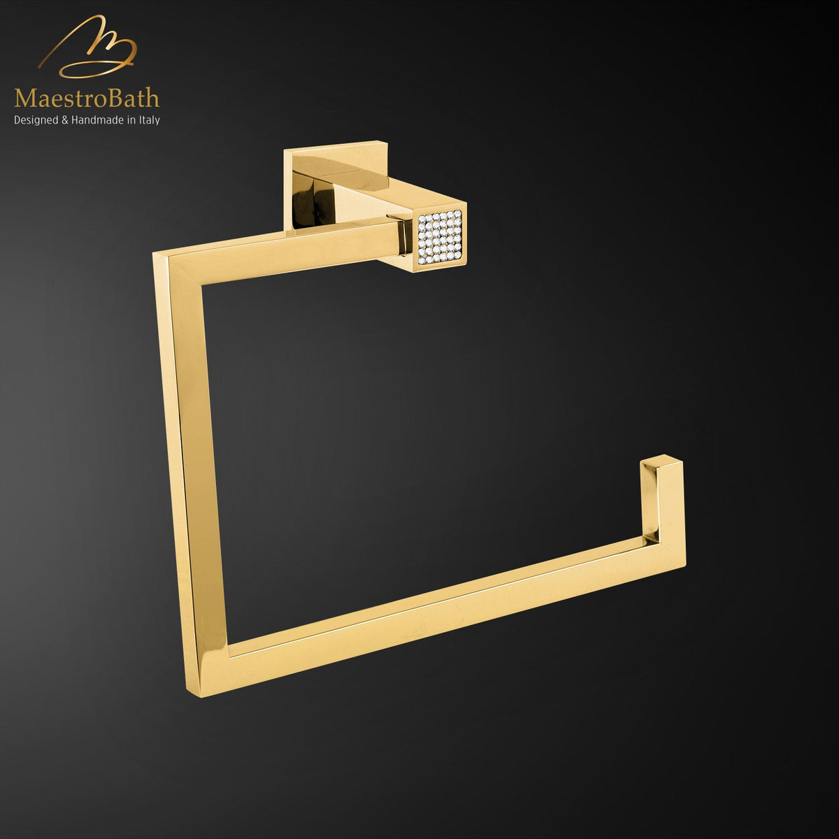 Wall mounted brass towel ring, shown in polished gold, 7.8 inch by 2.8 inch by 5.9 inch