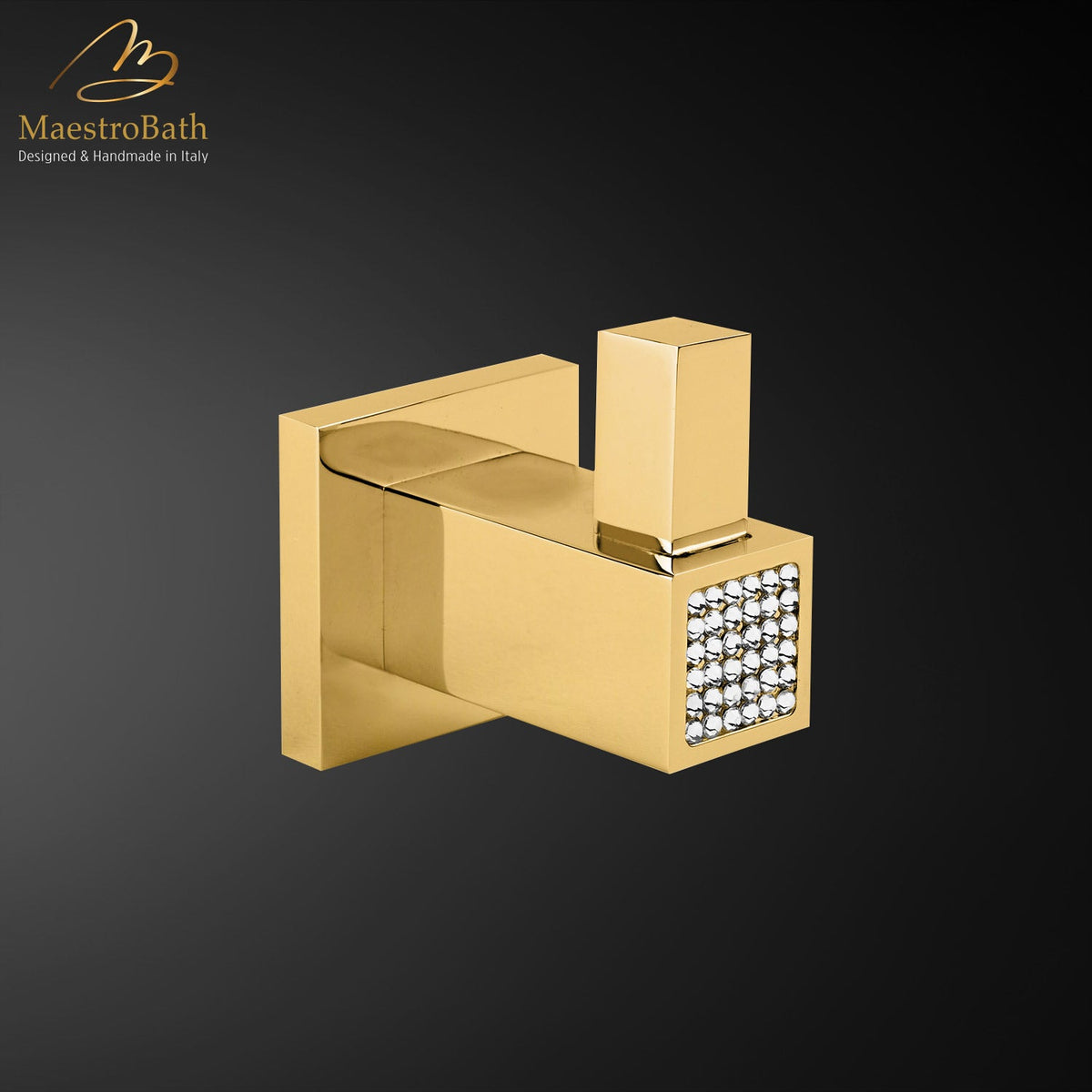 Wall mounted brass robe hook, shown in polished gold, 1.5 inch by 1.5 inch by 2.8 inch