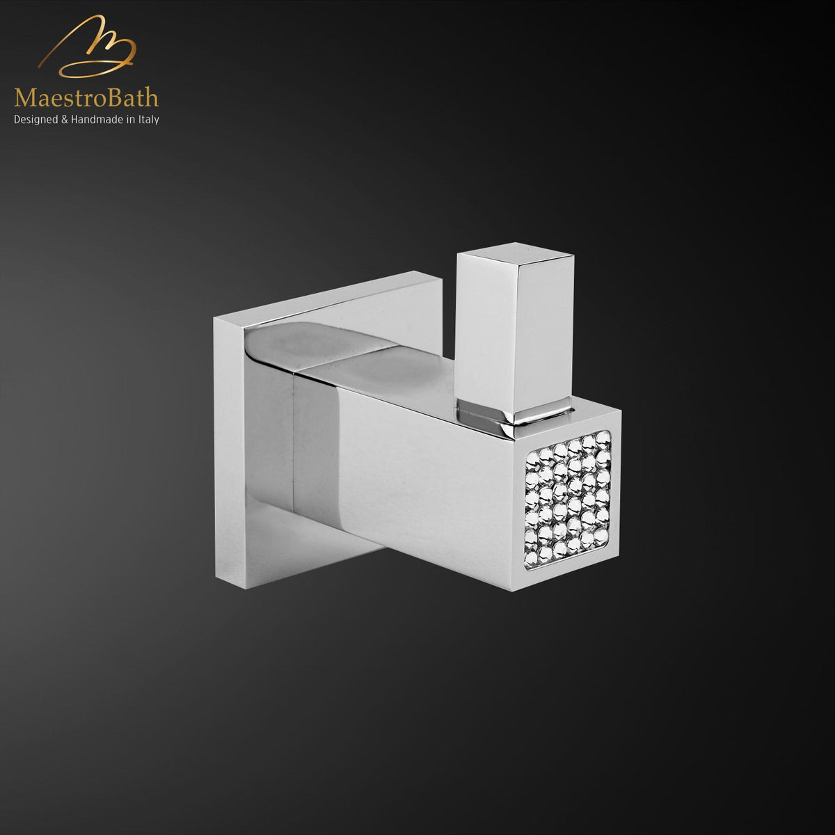 Wall mounted brass robe hook, shown in polished chrome, 1.5 inch by 1.5 inch by 2.8 inch