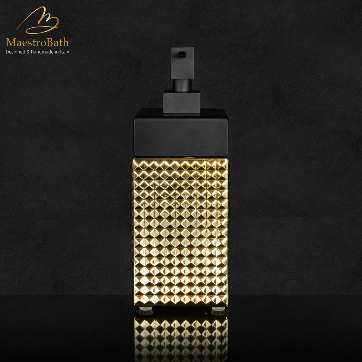 Steel and glass soap dispenser, shown in gold and black matte, 3.3 inch by 3.3 inch by 20 inch