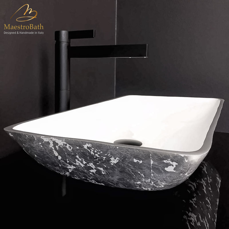 Italian Handcrafted Modern Contemporary Rectangular Bath Basin Silver and White