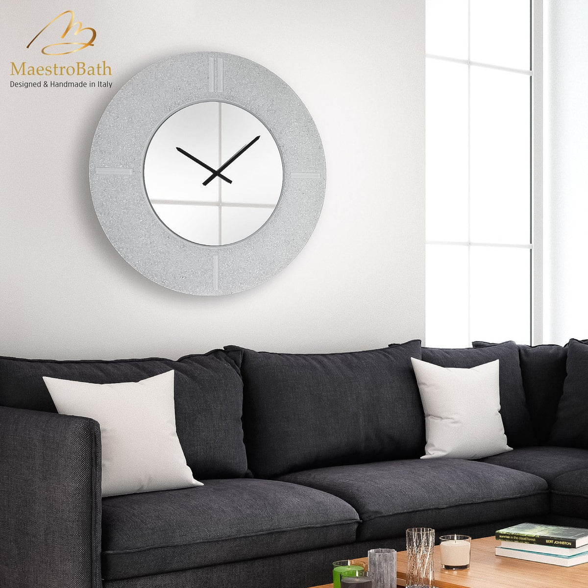 Murano Circular Mirrored Wall Clock, shown in silver, 33.4 inch