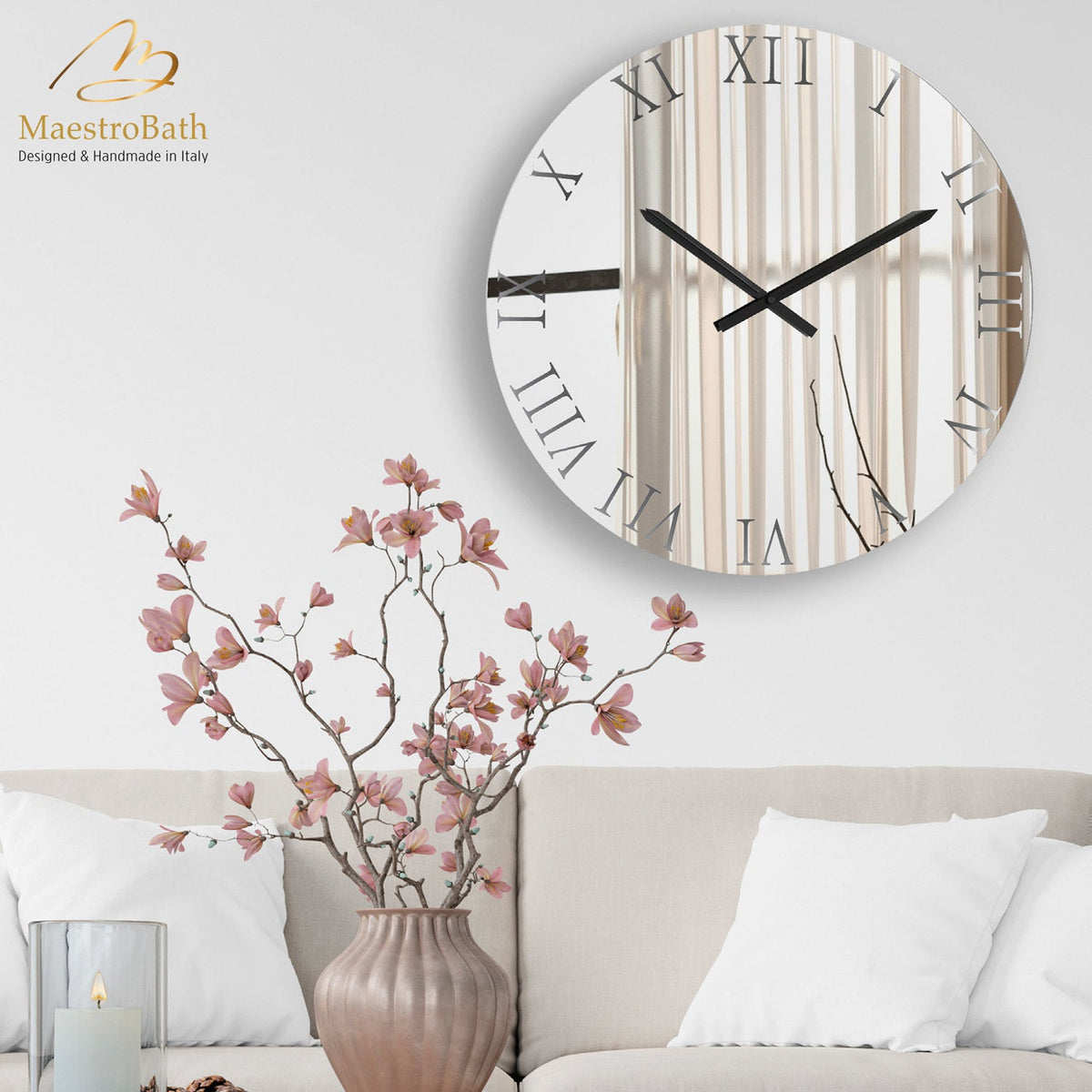 Round mirror glass wall clock, shown in transparent, 23.6 inch, made of mirrored glass