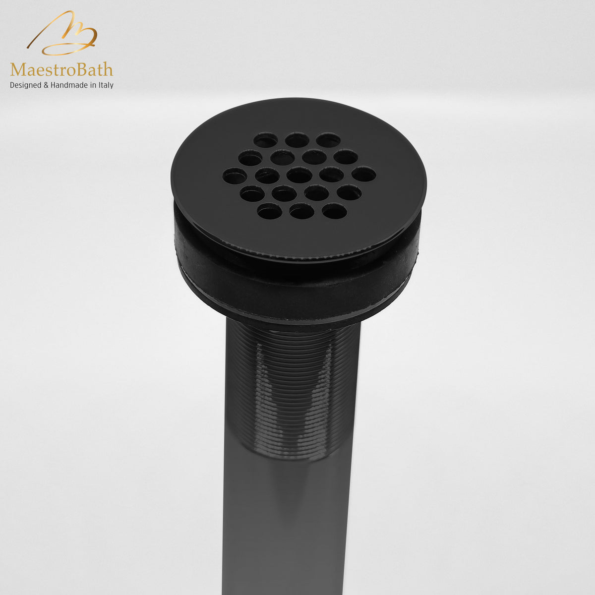 Brass vessel sink drain, shown in black, 2.1 inch across and 8 inch deep, made of lead-free brass