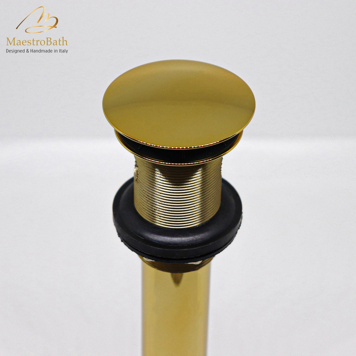 Brass vessel sink drain, shown in polished gold, 2.3 inch across and 9.3 inch deep, made of lead-free brass
