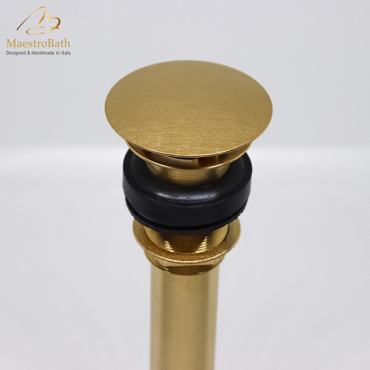 Brass vessel sink drain, shown in satin brass, 2.3 inch across and 9.3 inch deep, made of lead-free brass