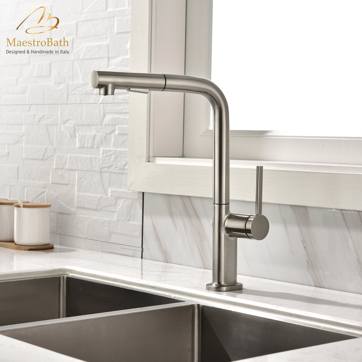 Deck mounted brass kitchen faucet, shown in brushed nickel, with two jets, 8.2 inch, made of lead-free brass #color_brushed nickel