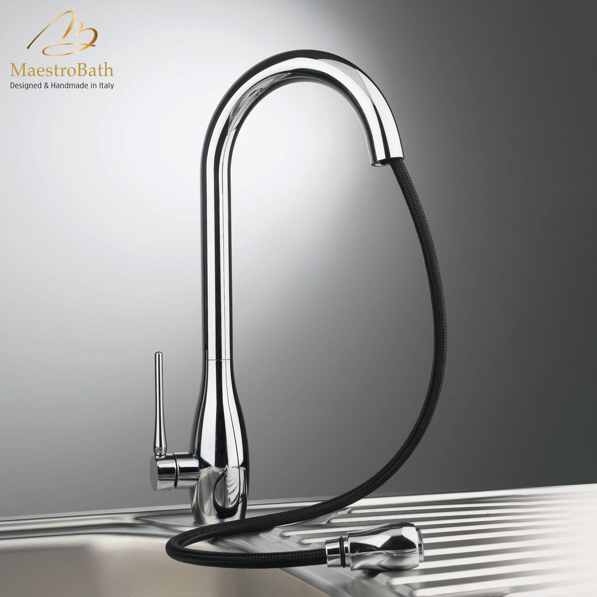 Deck mounted brass kitchen faucet, shown in polished chrome, with pull out spray, 15 inch by 7 inch by 9 inch #color_polished chrome