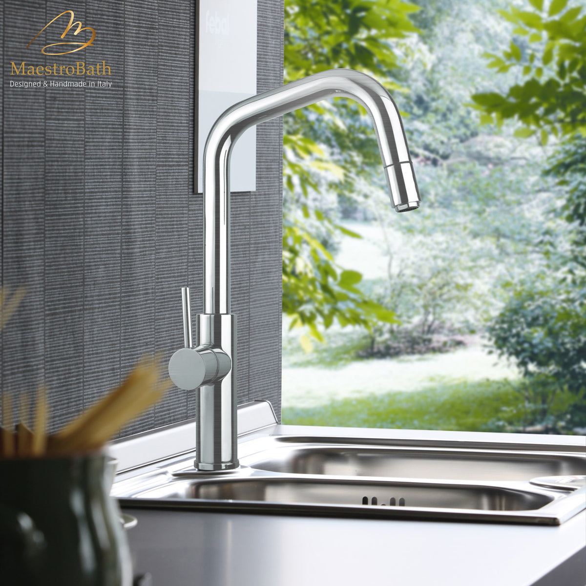 Deck mounted brass kitchen faucet, shown in brushed nickel, with pull out spray, 17 inch by 8 inch by 11 inch #color_brushed nickel