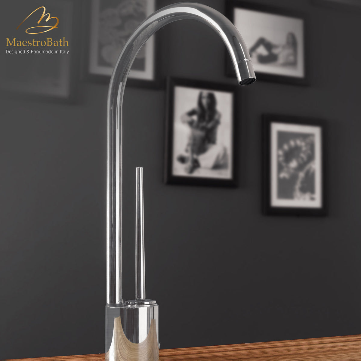 Deck mounted brass kitchen faucet, shown in brushed nickel, 15 inch by 7.5 inch by 10.5 inch, made of lead-free brass