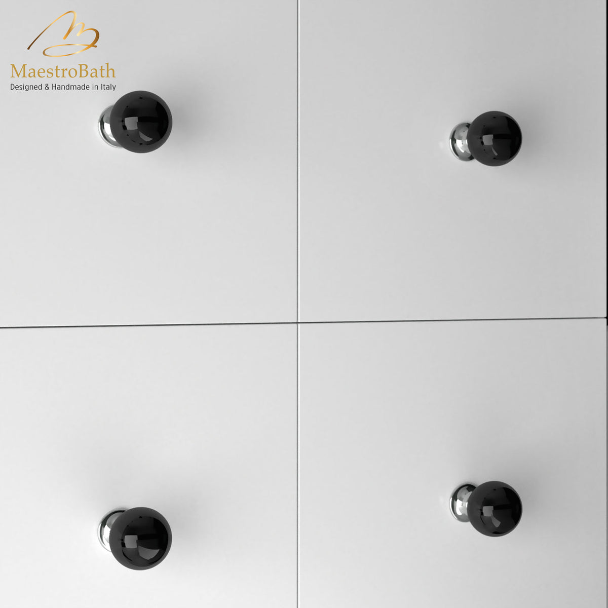 Murano glass and brass cabinet and drawer knob, shown in black and chrome, 0.7 inch by 0.7 inch by 1.1 inch