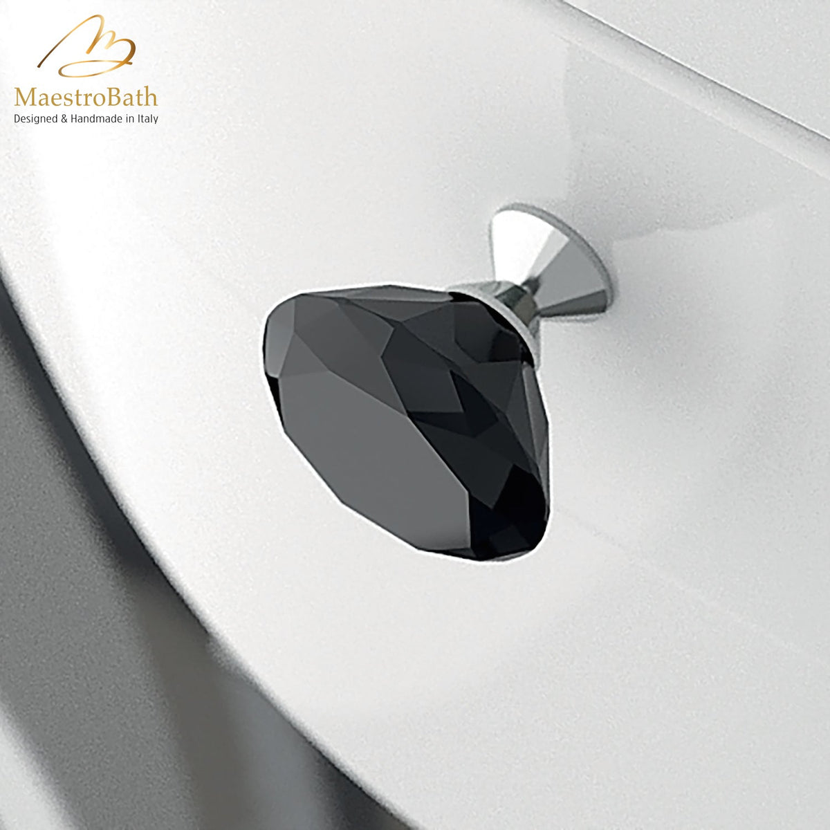 Brass and crystal cabinet and drawer knob, shown in black and chrome, 1.1 inch by 1.1 inch by 1 inch