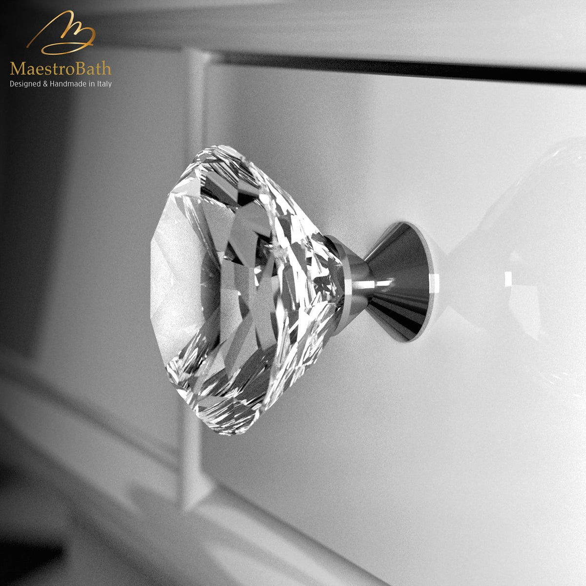 Brass and crystal cabinet and drawer knob, shown in clear and chrome, 1.1 inch by 1.1 inch by 1 inch