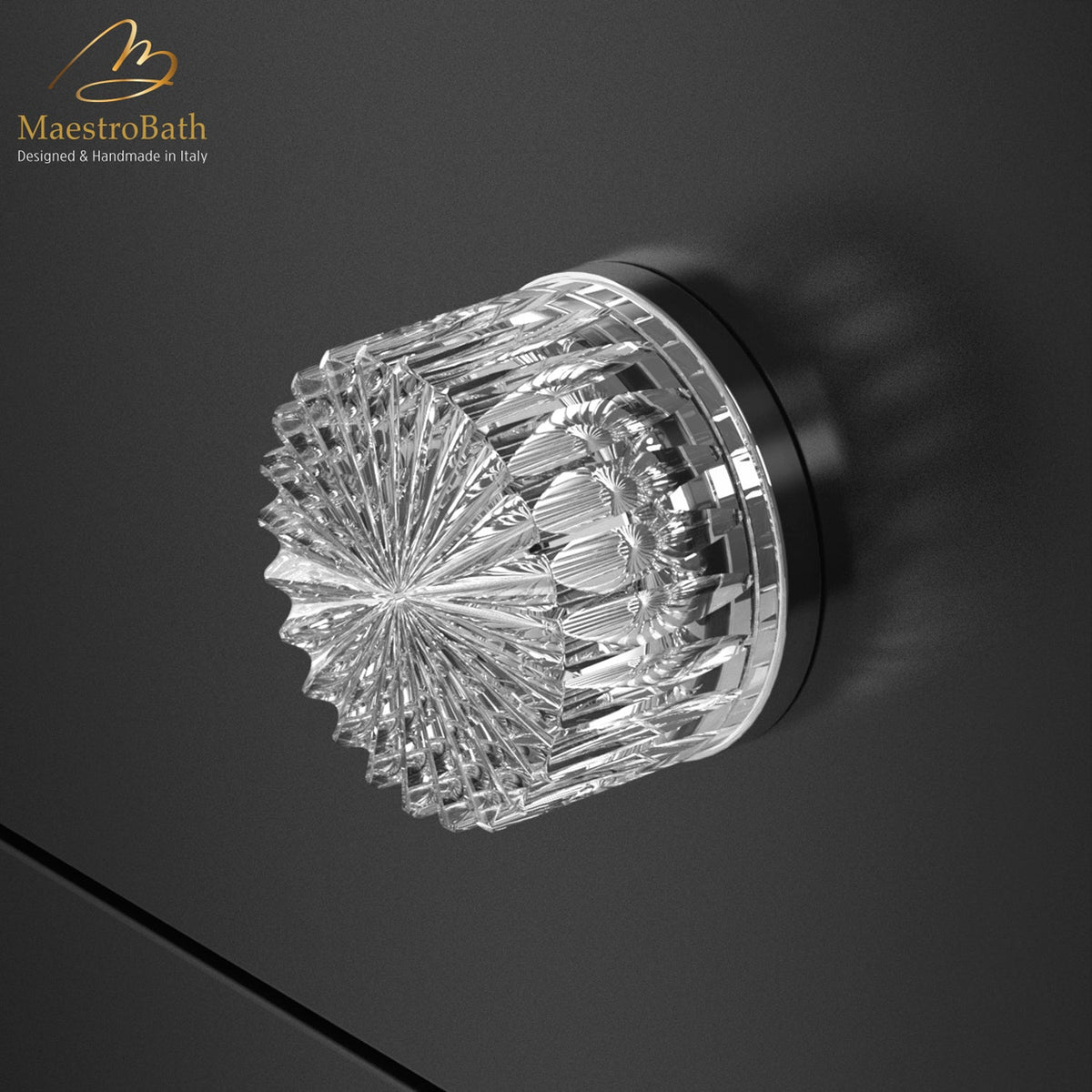Crystal and brass cabinet and drawer knob, shown in clear and chrome, 1.6 inch by 1.6 inch by 1.1 inch