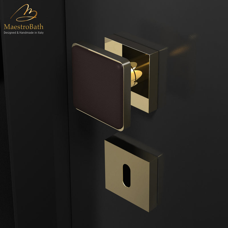 Modern Leather Door Handle | Black and Gold