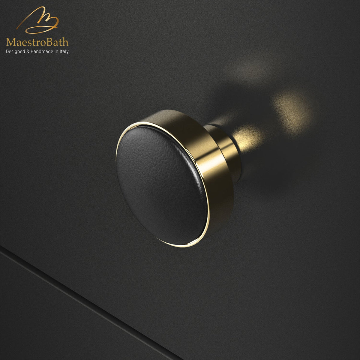 Brass and leather cabinet and drawer knob, shown in black and polished brass, 1.1 inch by 1.1 inch by 0.8 inch