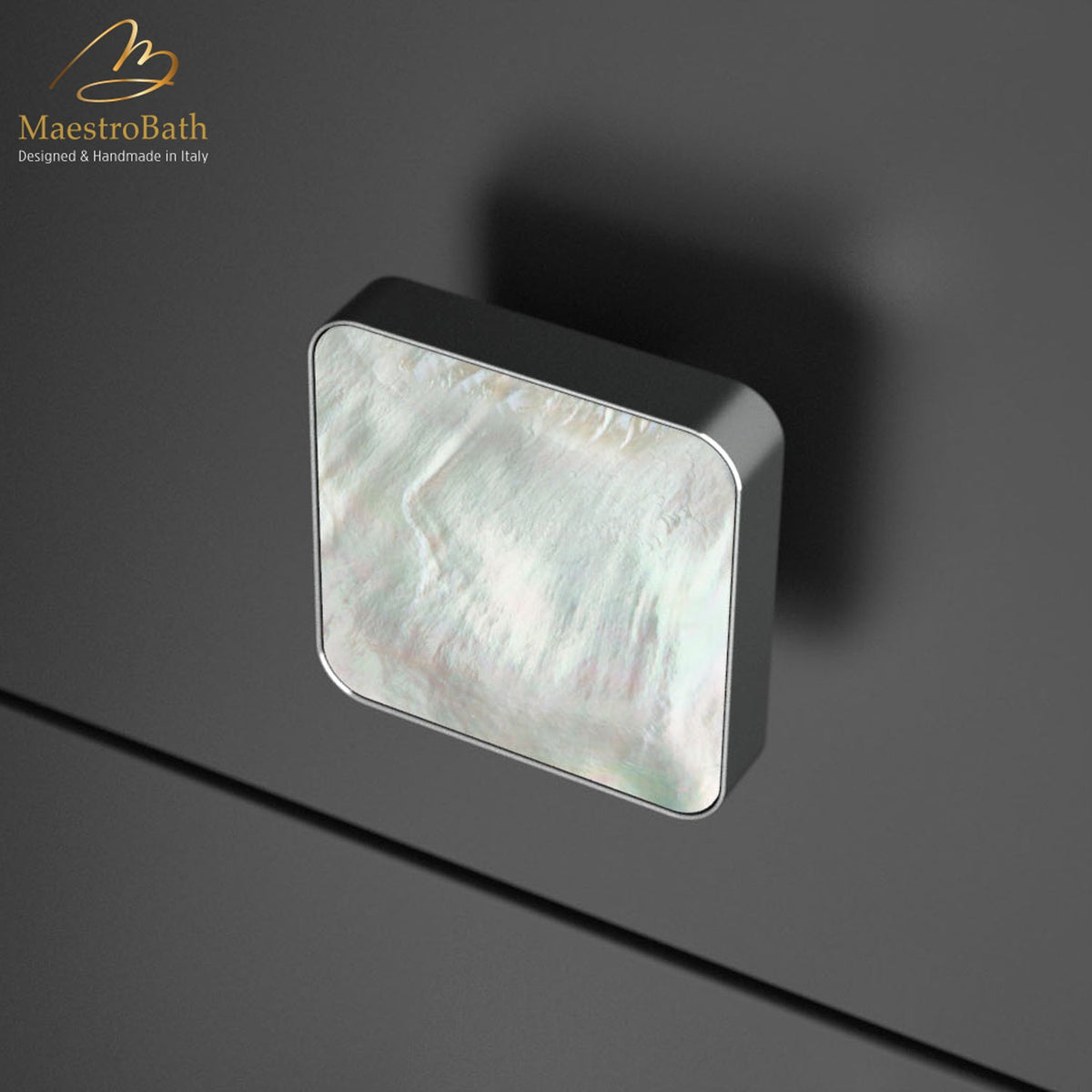 Mother of pearl and brass cabinet and drawer knob, shown in madreperla and chrome, 1.1 inch by 1.1 inch by 0.7 inch