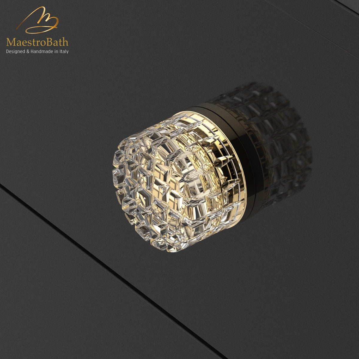 Quadra Crystal Knob, shown in clear and polished brass, 1.6 inch by 1.6 inch by 1.1 inch