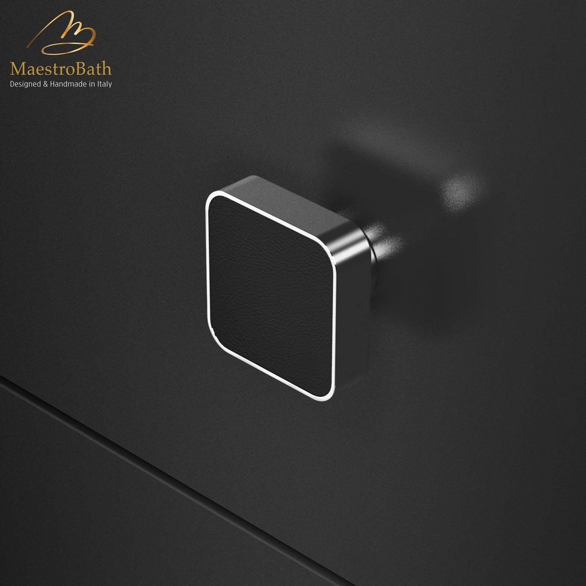 Square brass and leather cabinet and drawer knob, shown in black and chrom, 1.1 inch by 1.1 inch by 0.7 inch