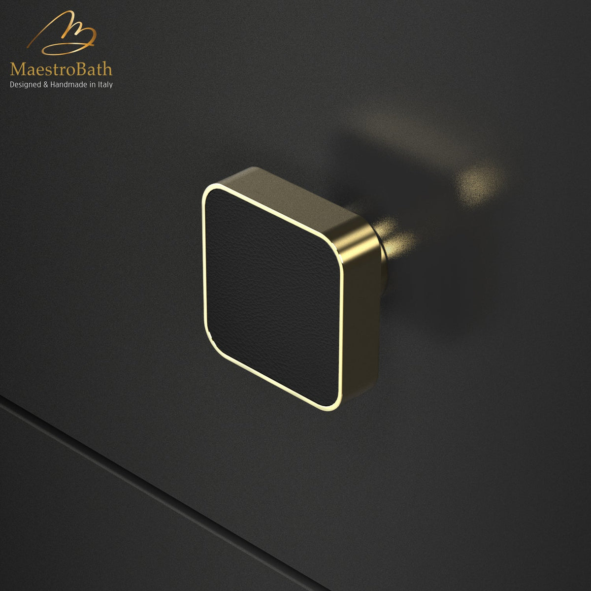 Square brass and leather cabinet and drawer knob, shown in black and polished brass, 1.1 inch by 1.1 inch by 0.7 inch