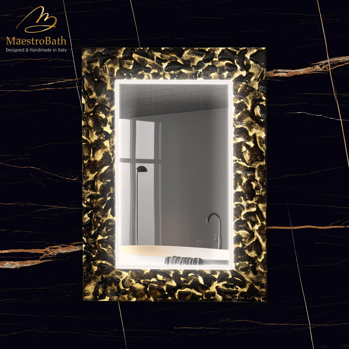Wall mounted Murano glass bathroom vanity mirror, shown in black and silver, 27.6 inch wide by 38.6 inch high #color_black and gold
