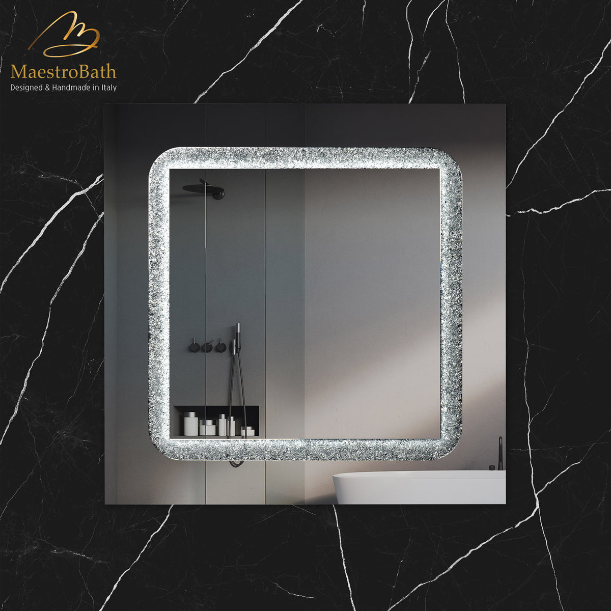 Wall mounted Murano glass bathroom vanity mirror, 37.4 inch wide by 37.4 inch high #color_ice