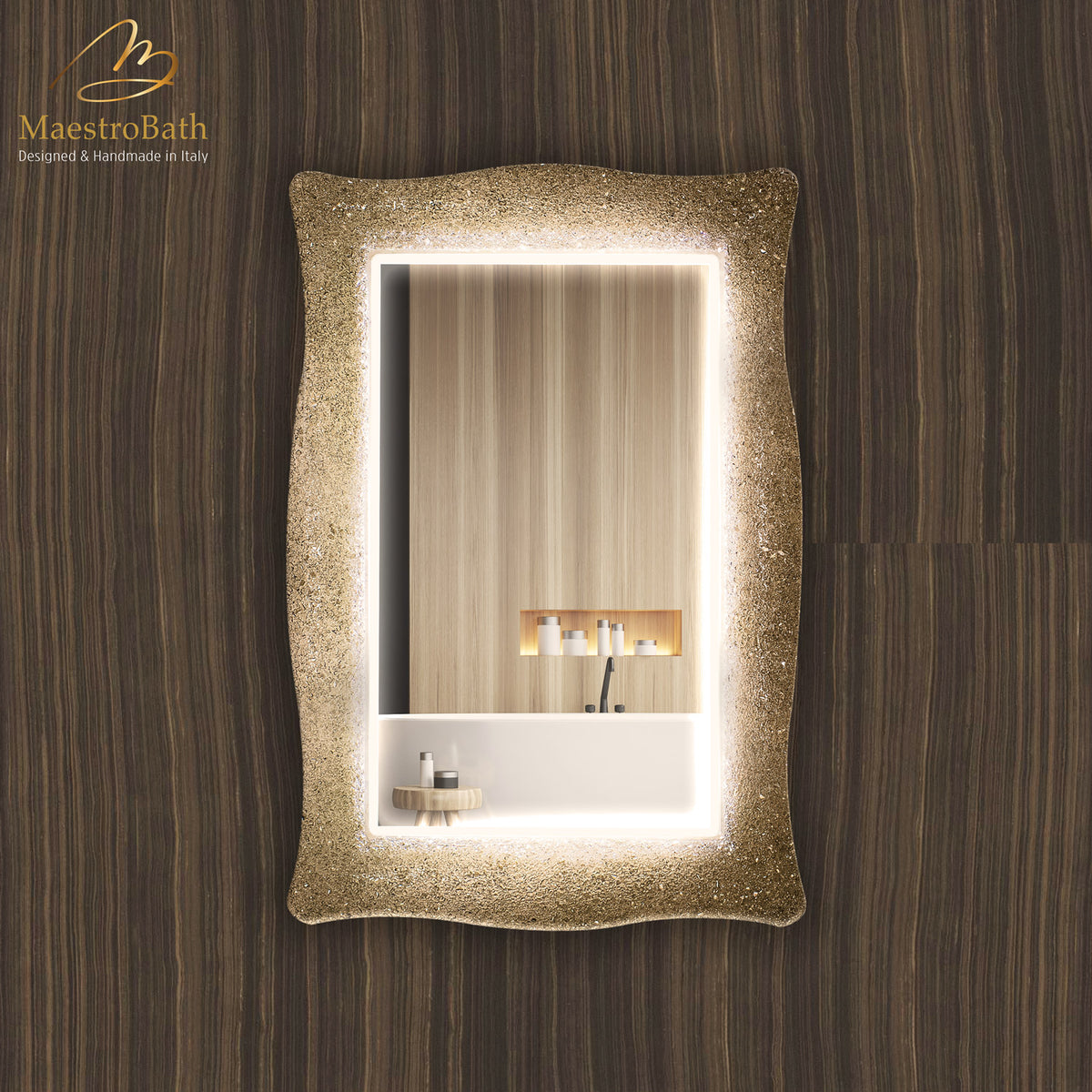 Wall mounted Murano glass bathroom vanity mirror, shown in sand, 27 inch wide by 38 inch high