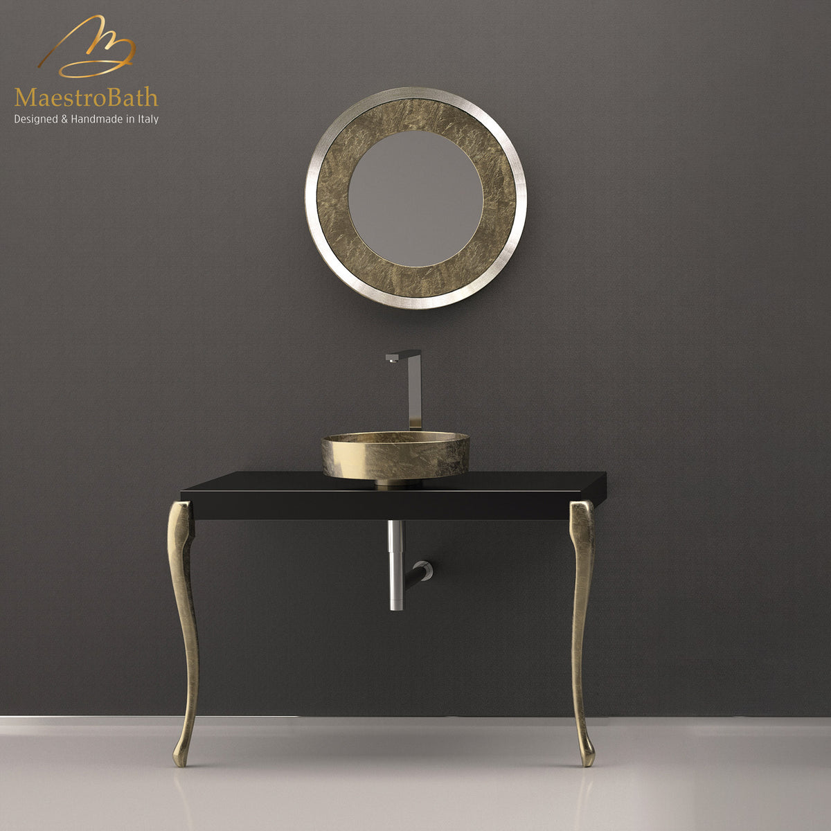 Freestanding wood bathroom vanity console, shown in black and gold, made of solid wood #color_black and gold