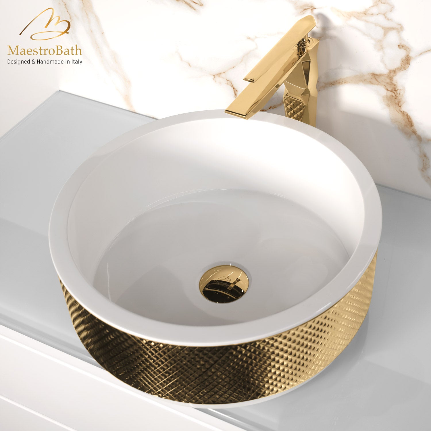 Hive Bathroom Vessel Sink | White and Gold #color_white and gold