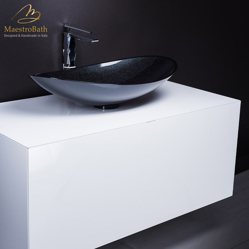 Modern white lacquer bathroom vanity with starlight black sink combo