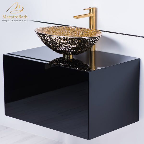 Black lacquer bathroom vanity with gold crystal vessel sink
